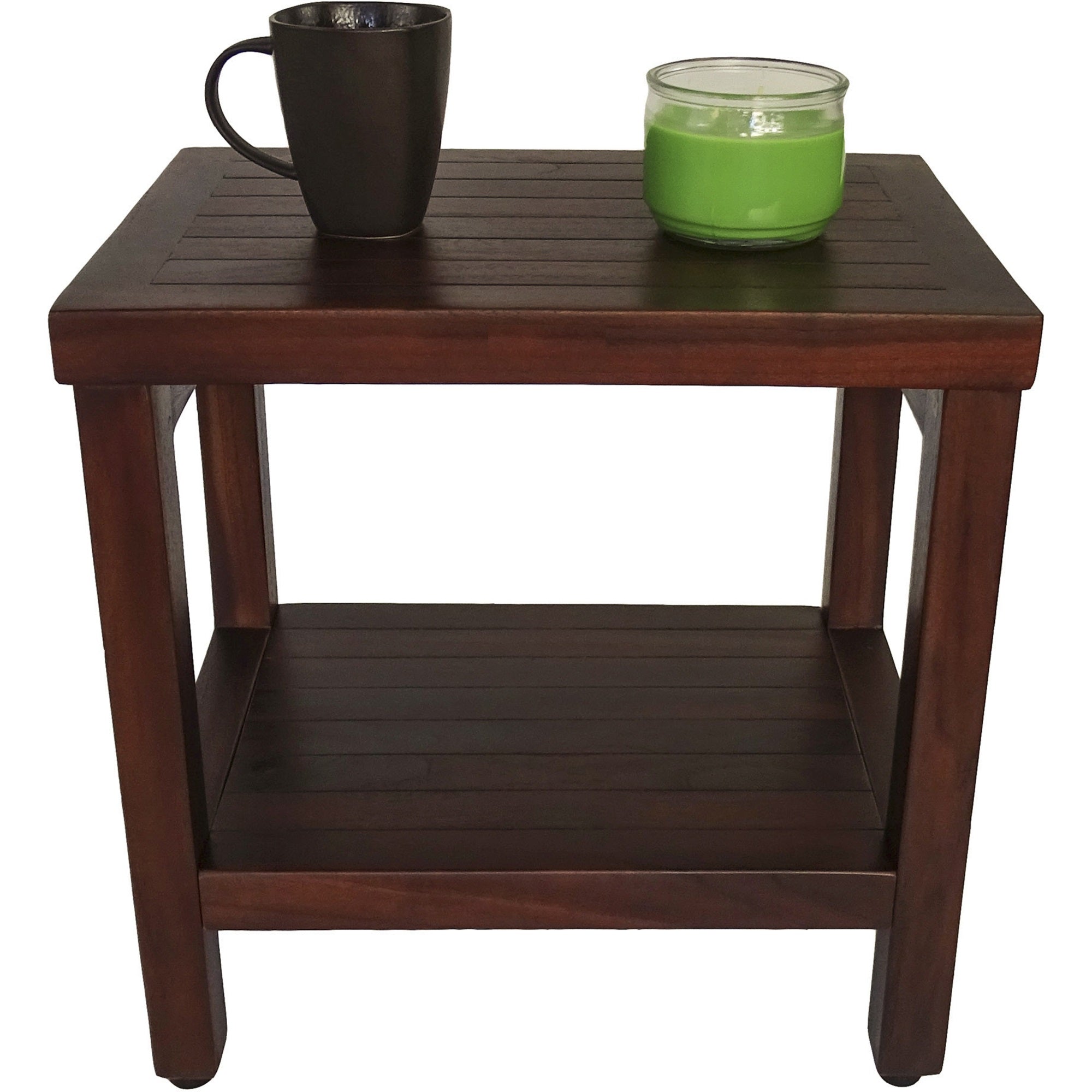 Compact Rectangular Teak Shower Or Outdoor Bench With Shelf In Brown Finish