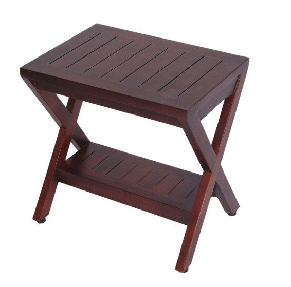 Compact X Shape Teak Shower Outdoor Bench With Shelf In Brown Finish