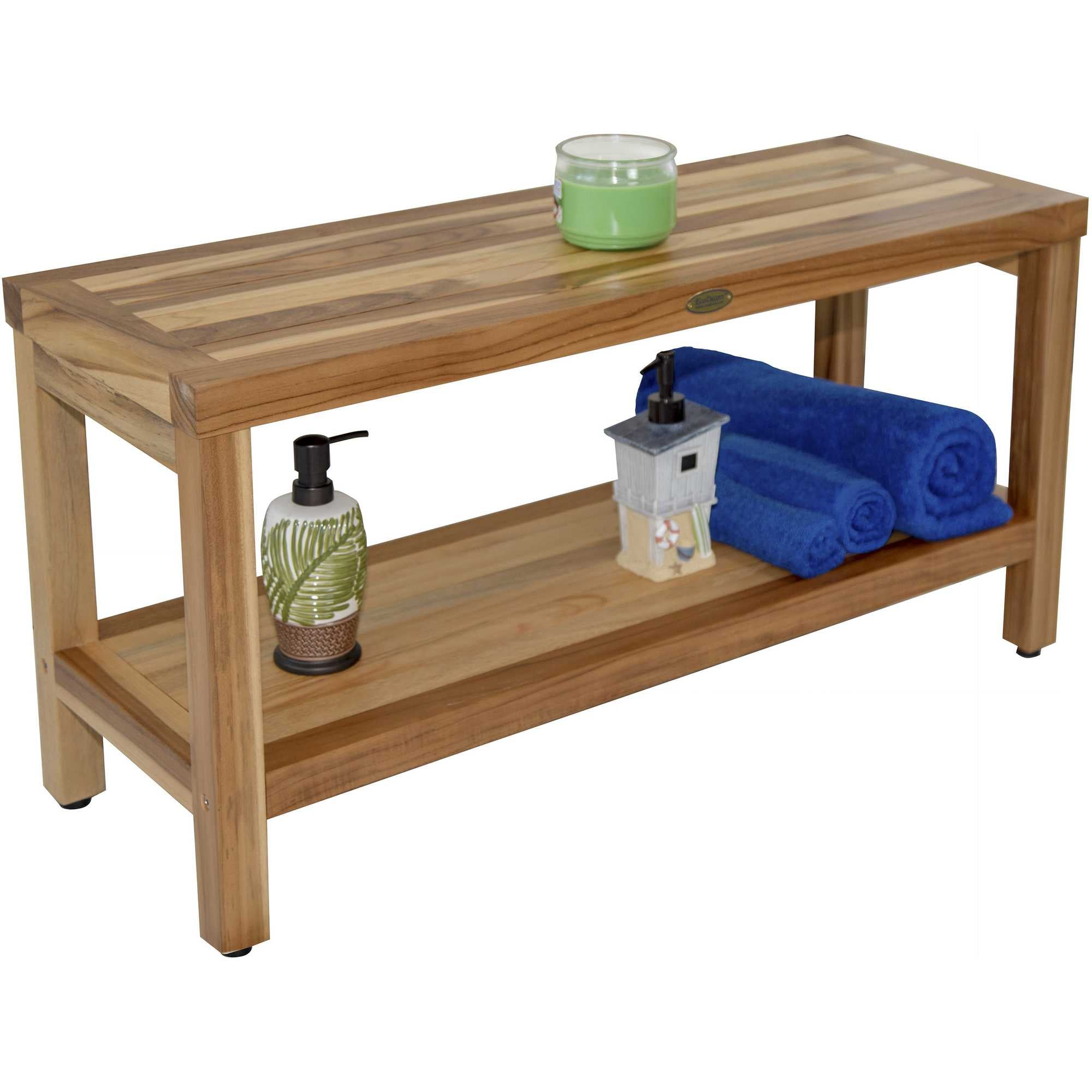 Large Rectangular Teak Bench With Shelf In Natural Finish