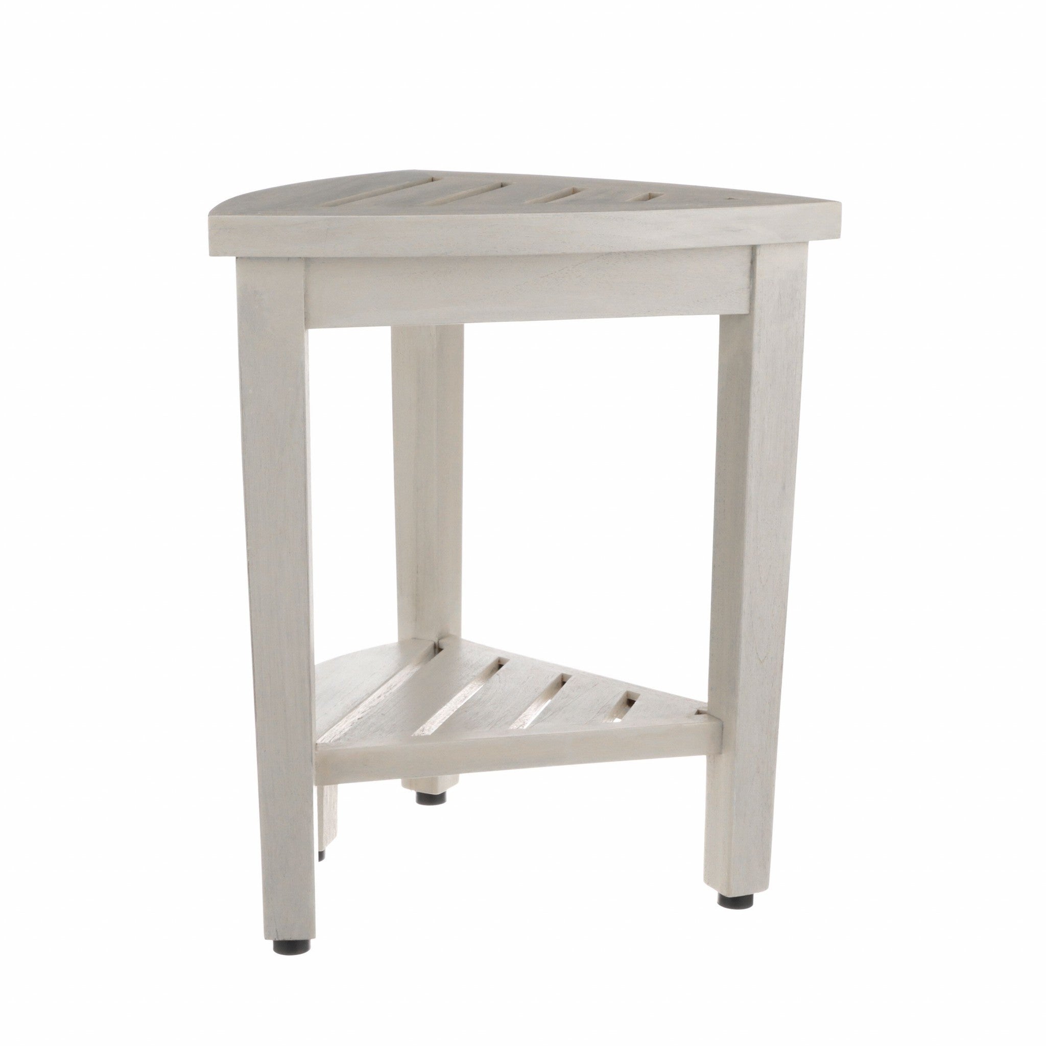 Compact Teak Corner Shower Stool With Shelf In Whitewash Finish