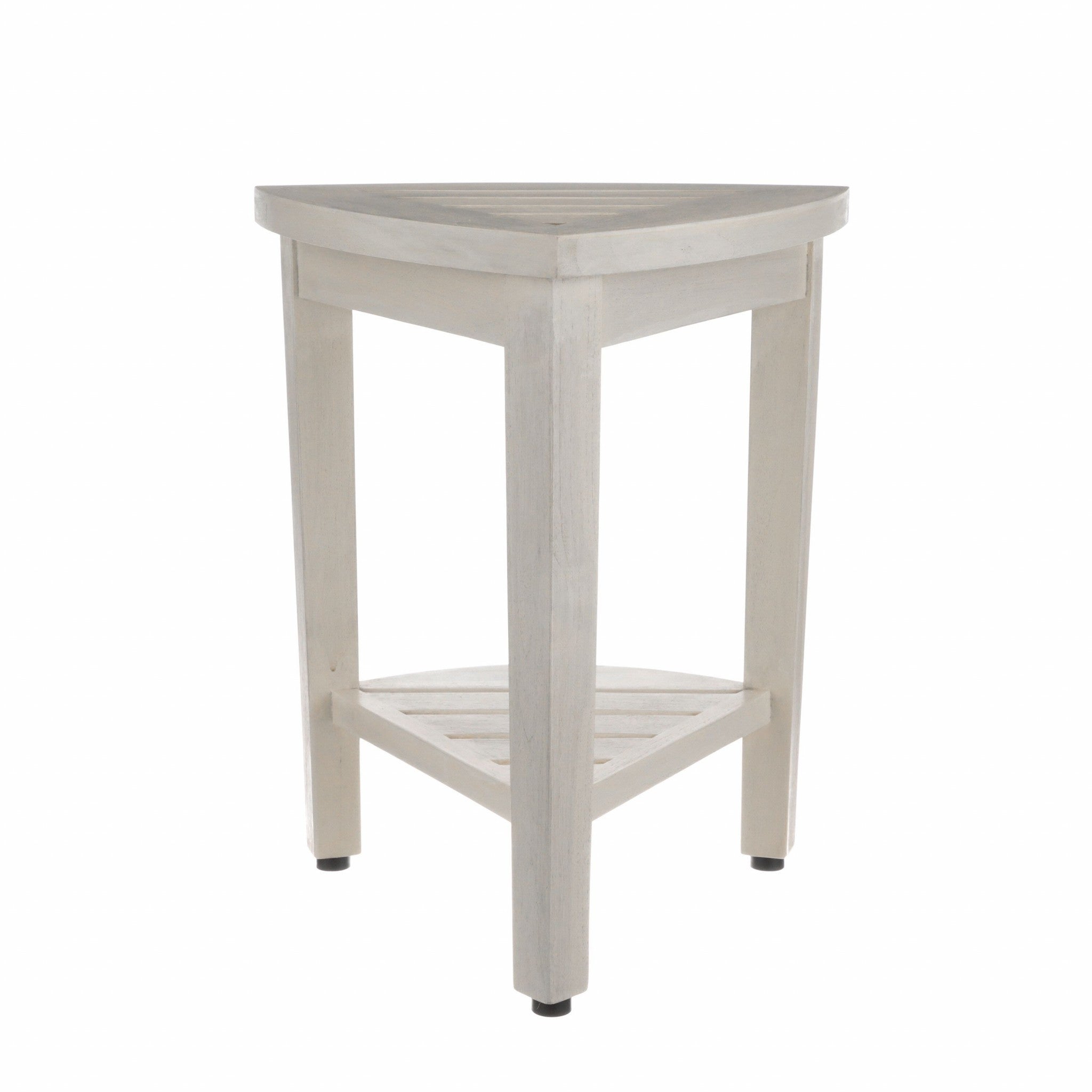 Compact Teak Corner Shower Stool With Shelf In Whitewash Finish