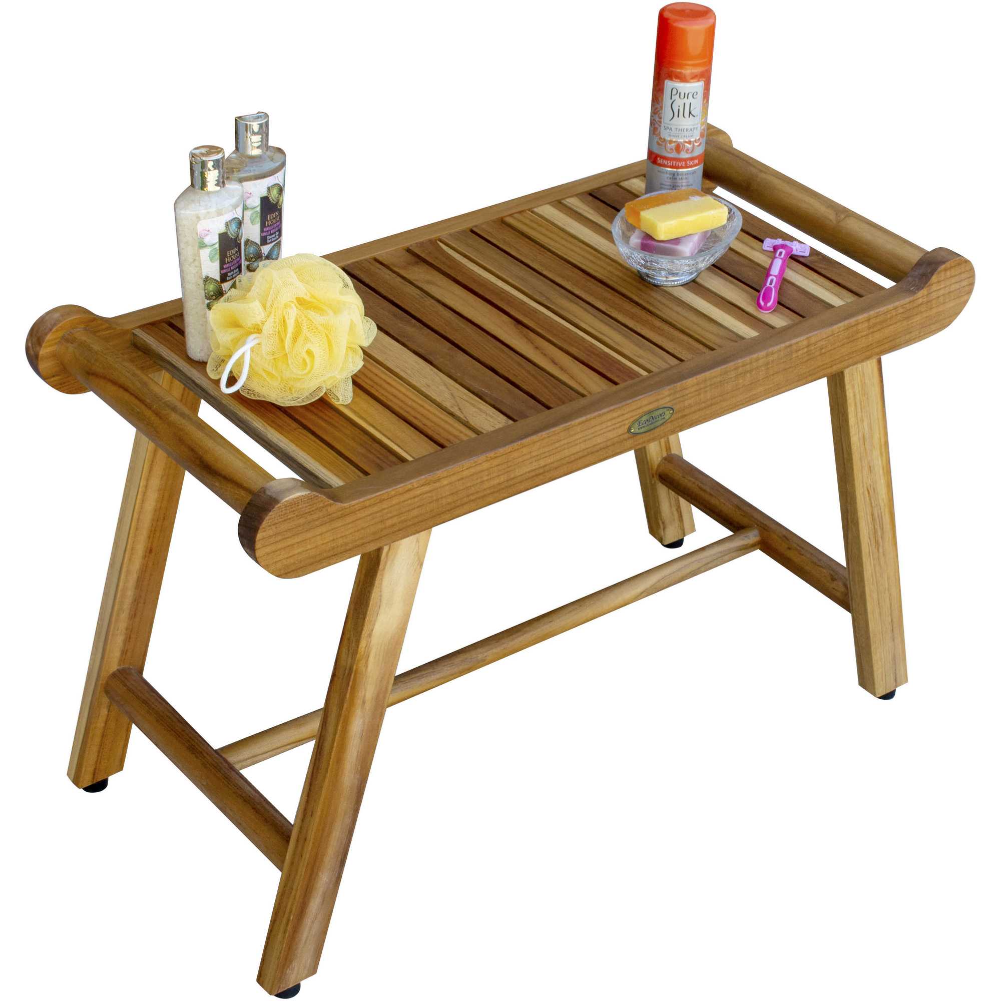 Rectangular Teak Shower Bench With Handles In Natural Finish