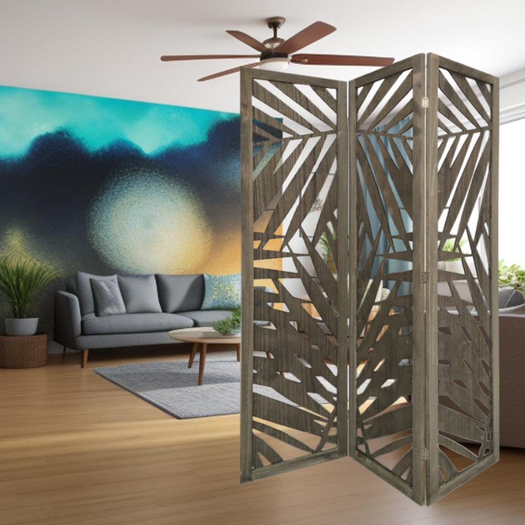 3 Panel Grey Room Divider With Tropical Leaf