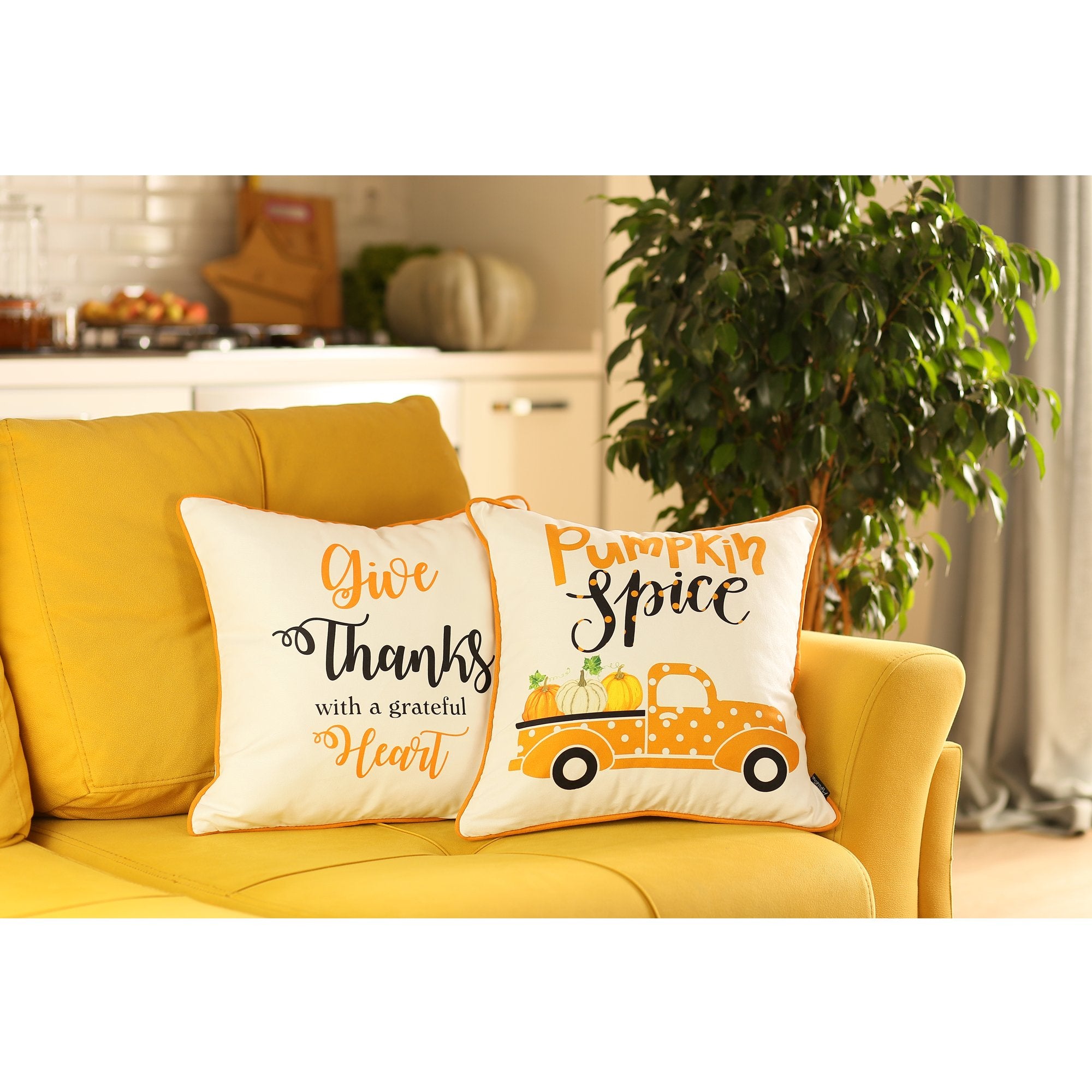 Set Of Four 18" Orange Pumpkin Pick Up Truck Pillow Covers