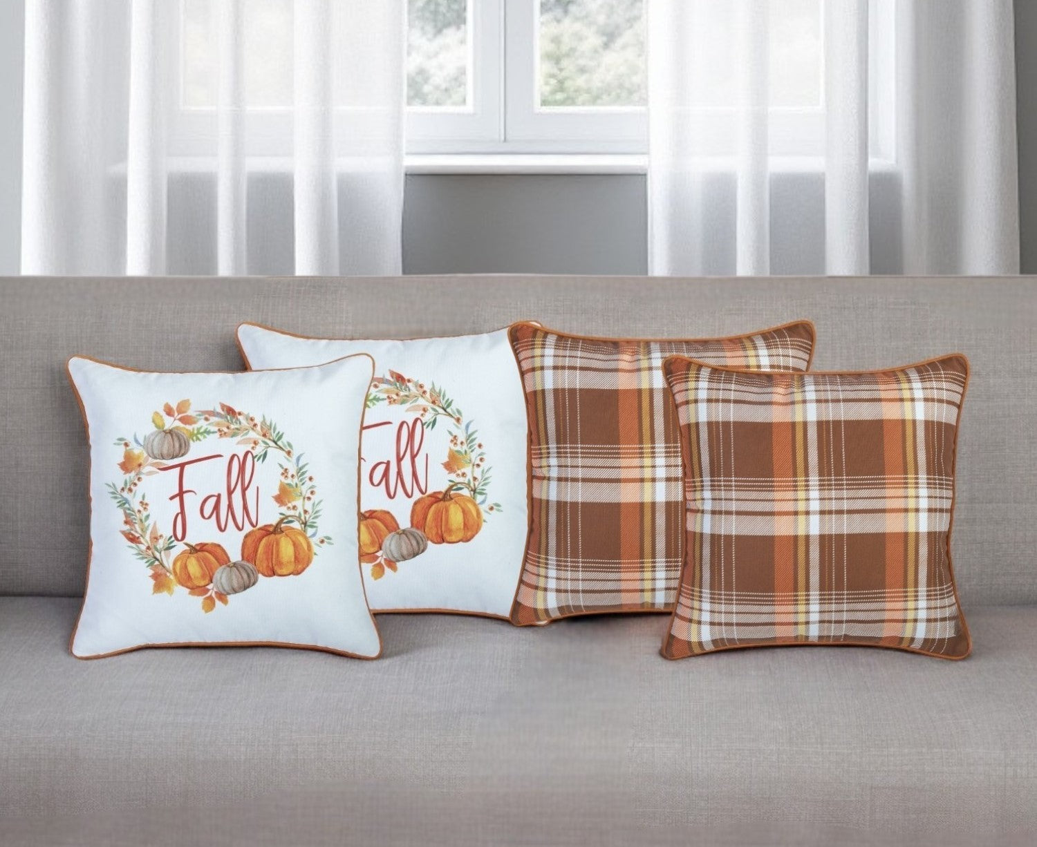 Set Of Four 18" Orange And Brown Plaid Pumpkins Throw Pillow Covers