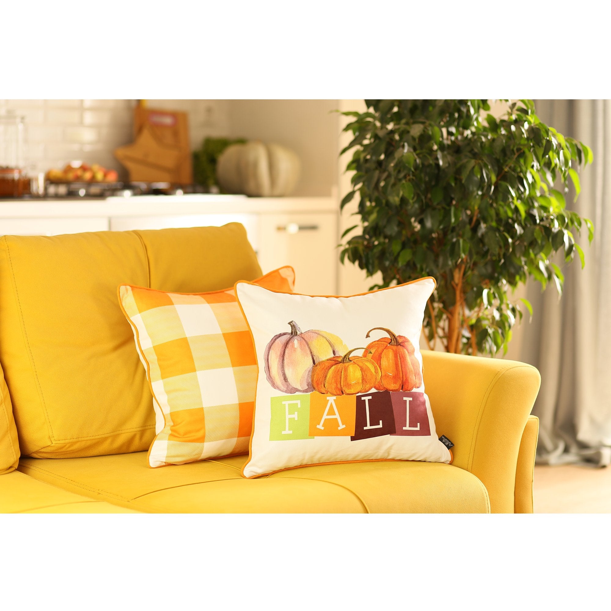 Set Of Four 18" Orange Plaid And Pumpkin Throw Pillow Covers