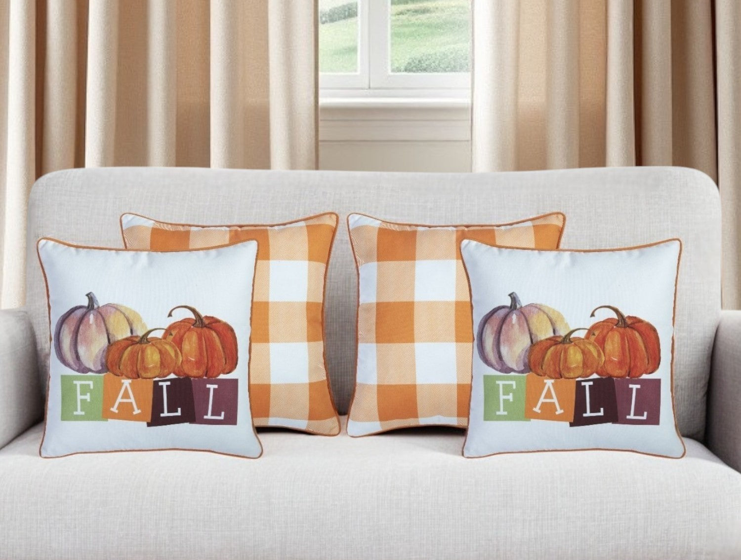 Set Of Four 18" Orange Plaid And Pumpkin Throw Pillow Covers