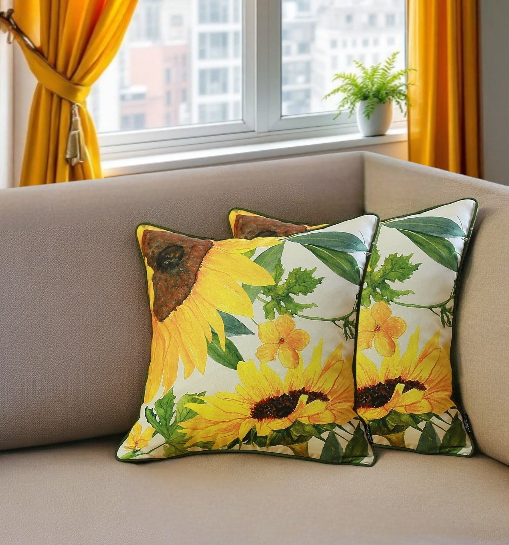 Set of Two 18" Green White and Yellow Sunflowers Fabric Throw Pillow Covers