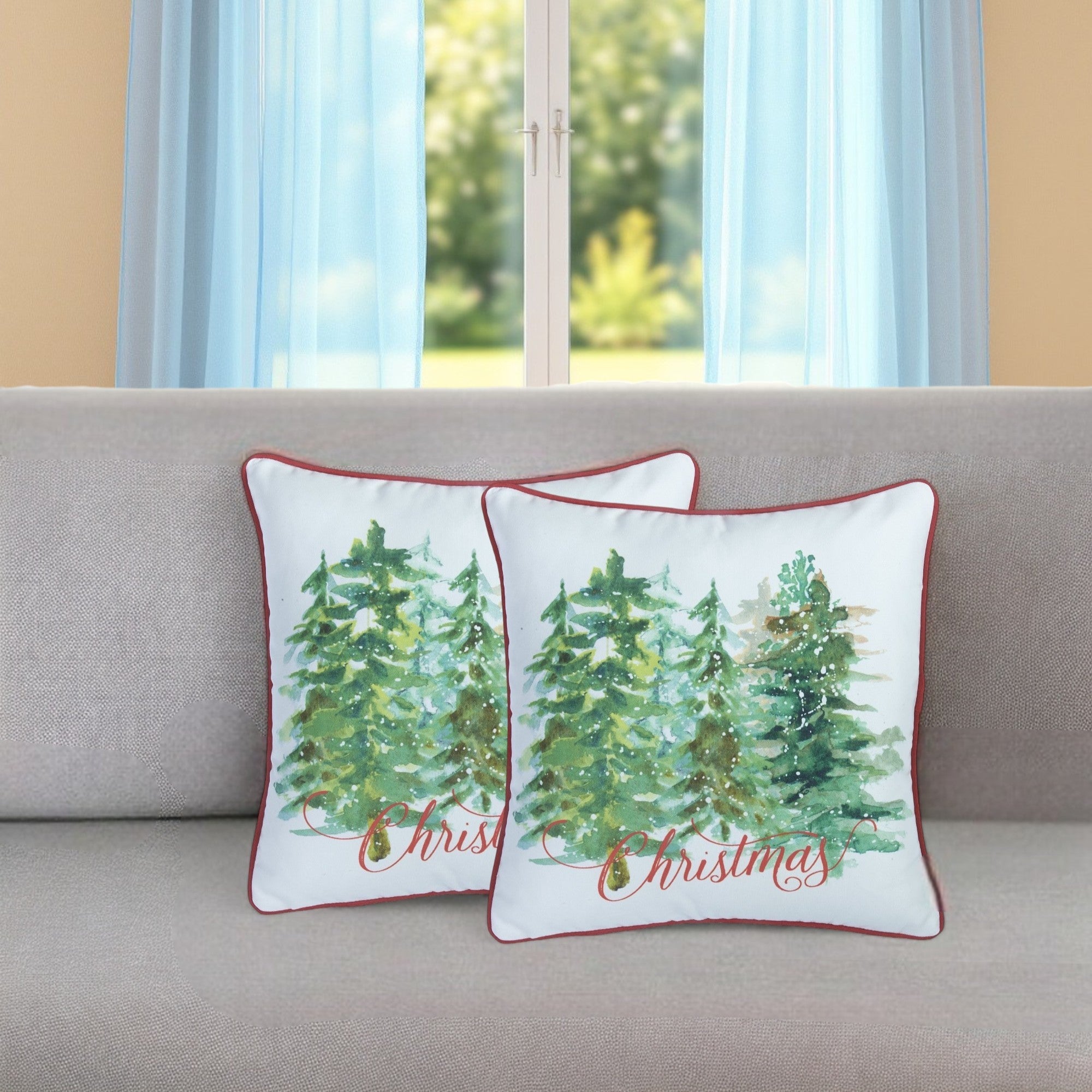 Set of Two 18" Green Red and White Christmas Trees Fabric Throw Pillow Covers