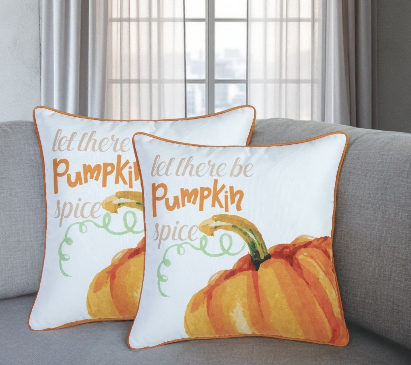 Set of Two 18" Orange and Ivory Pumpkin Spice Throw Pillow Covers