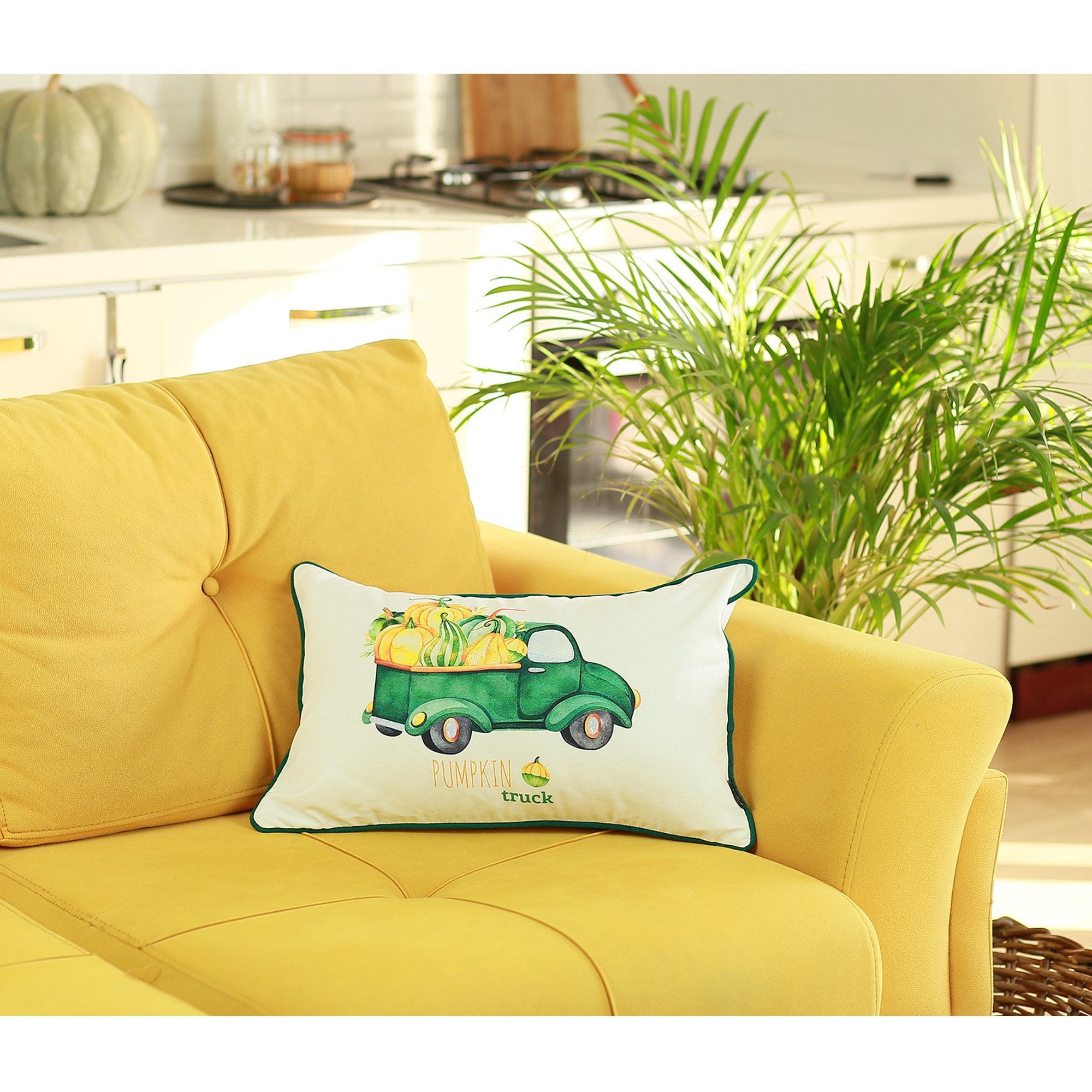 Set of Two 12" X 20" Green and White Pumpkin Truck Lumbar Throw Pillow Cover