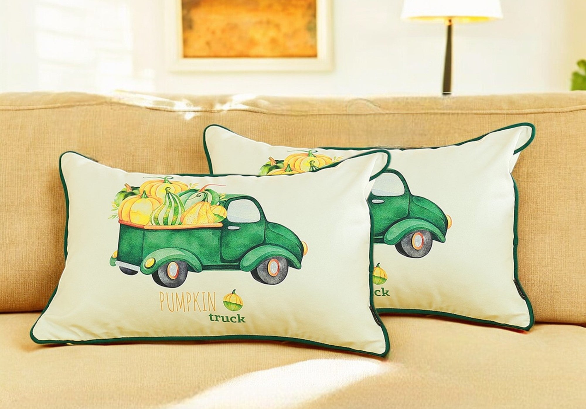 Set of Two 12" X 20" Green and White Pumpkin Truck Lumbar Throw Pillow Cover