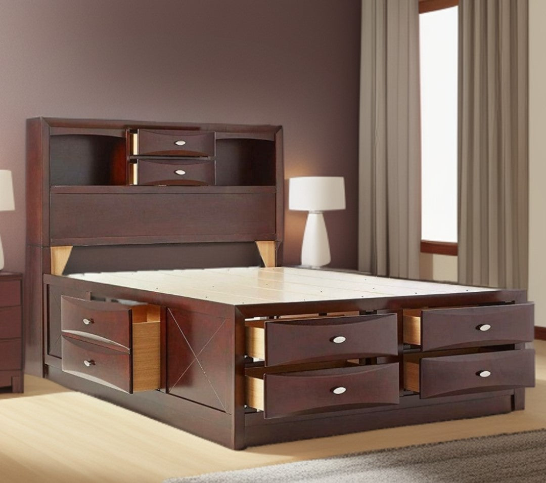 Espresso Finish Wood Multi-Drawer Platform King Bed With Pull Out Tray