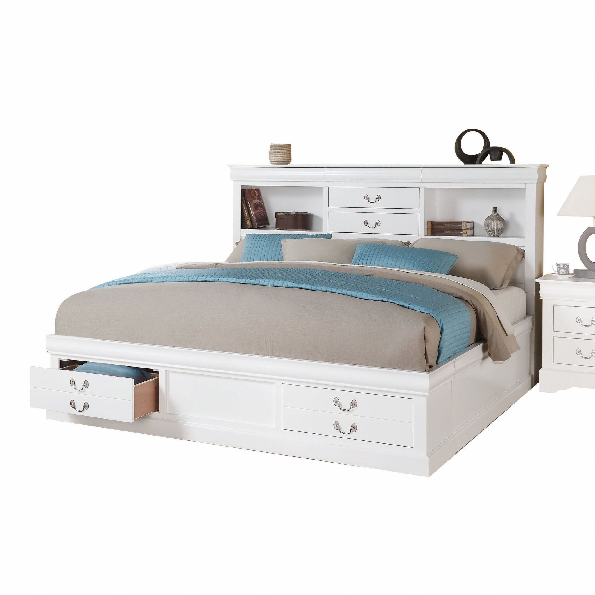 White Wooden Queen Bed With Storage