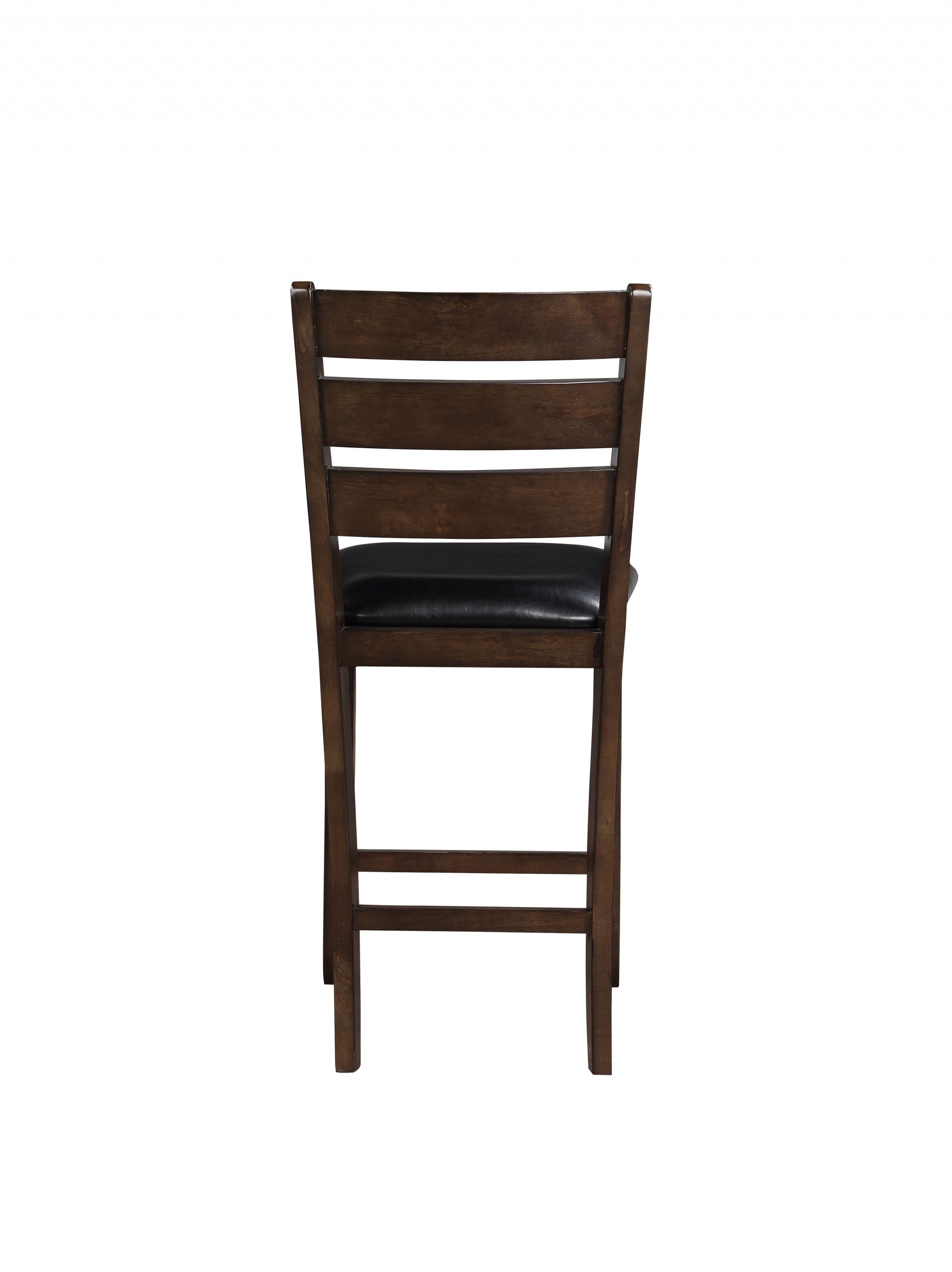 Set Of 2 41" Dark Wood Finish And Black Faux Leather Ladder Back Counter Height Chairs