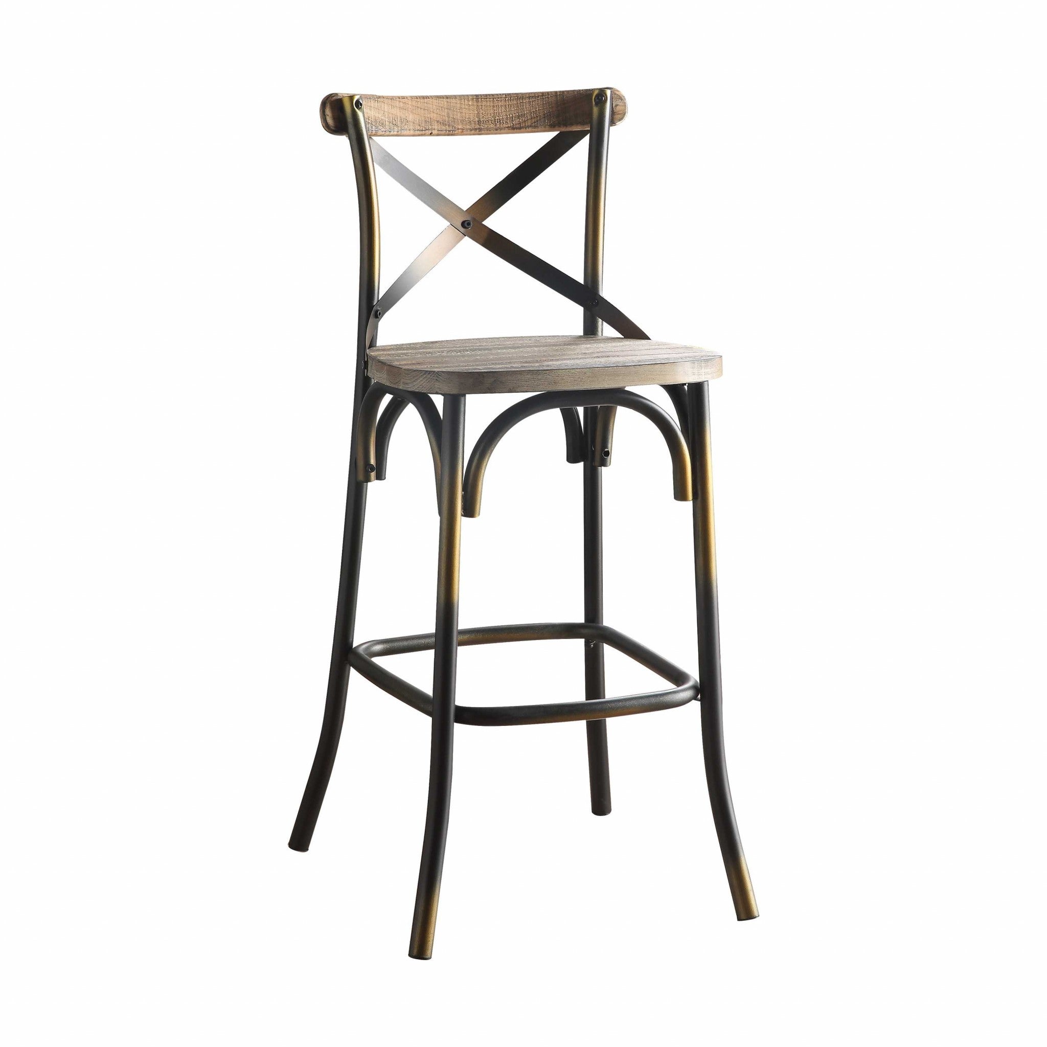 43" Oak And Black and Gold Solid Wood And Metal Bar Height Bar Chair