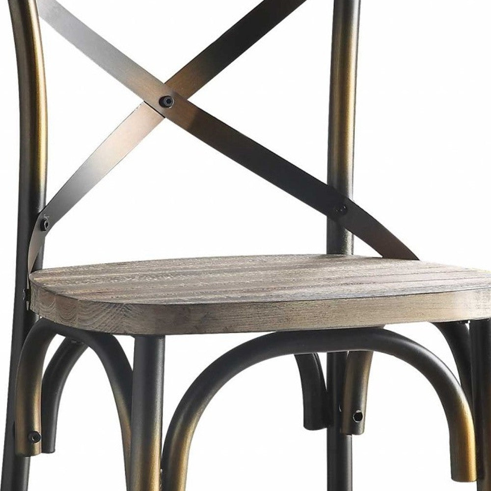 43" Oak And Black and Gold Solid Wood And Metal Bar Height Bar Chair