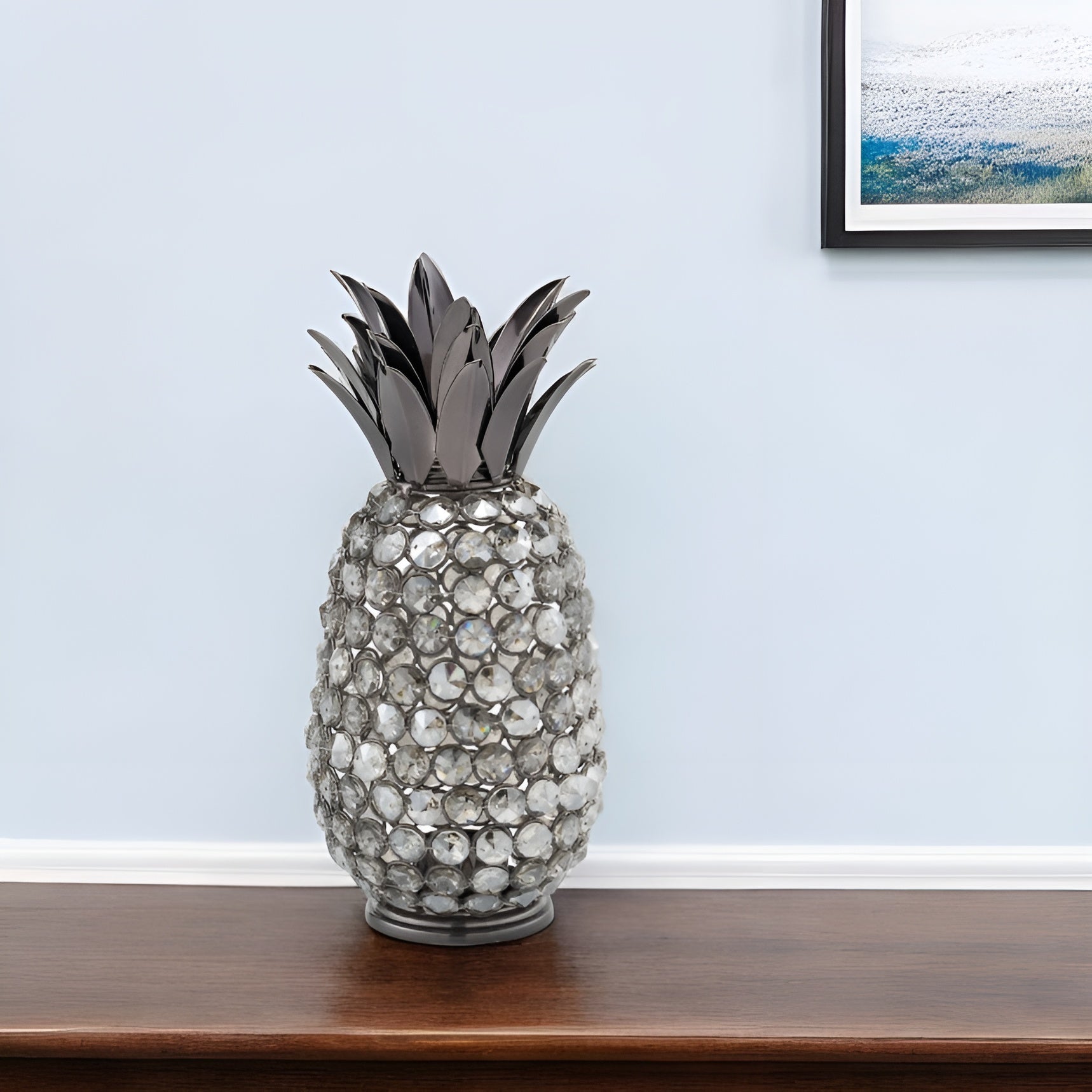 11" Faux Crystal Black And Nickel Pineapple Sculpture