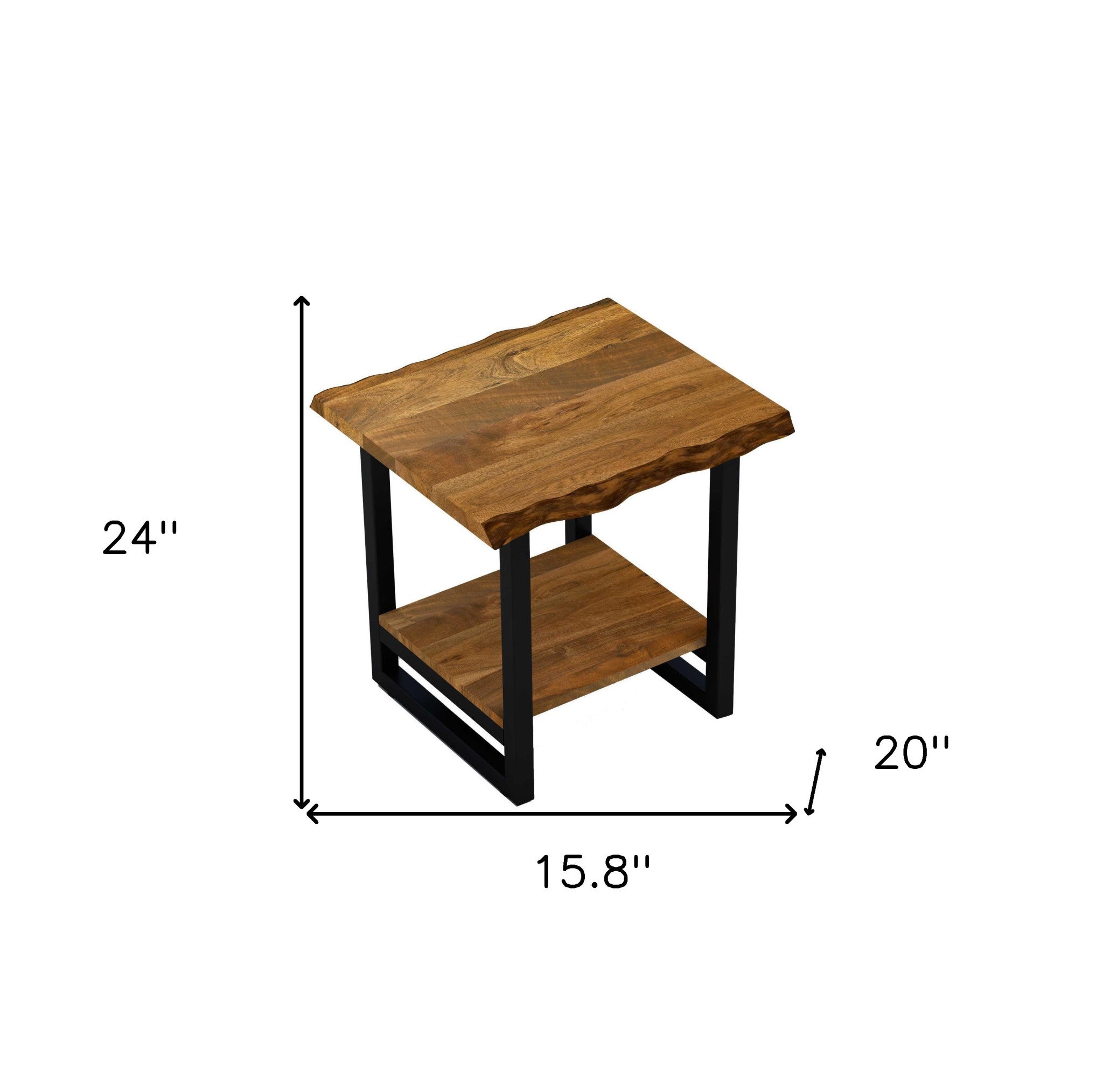 24" Black And Brown Solid Wood And Iron Square End Table With Shelf