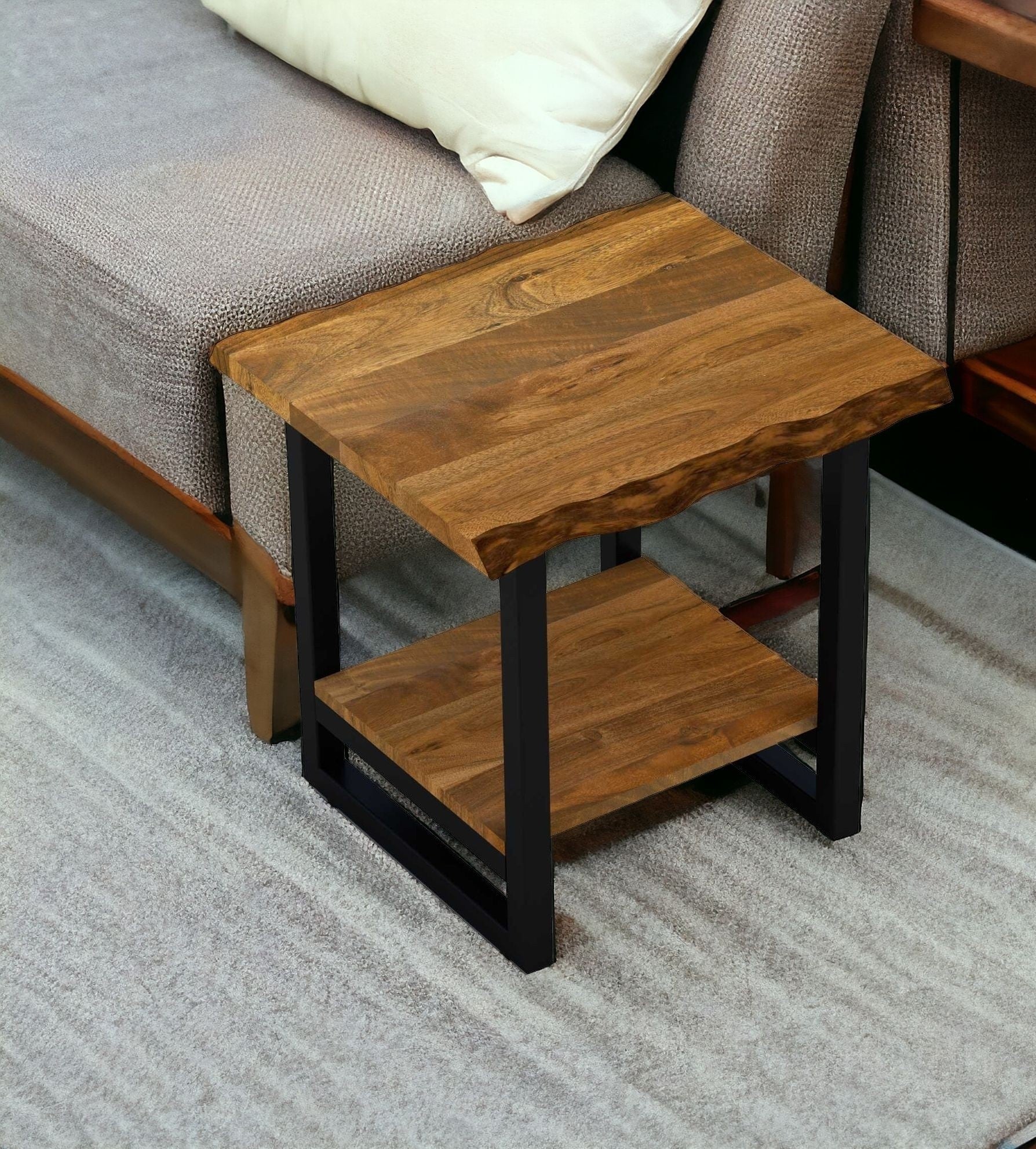 24" Black And Brown Solid Wood And Iron Square End Table With Shelf