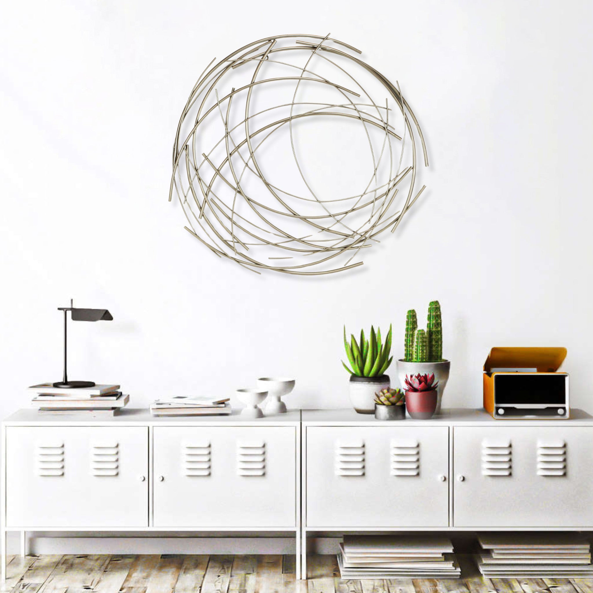 26" Silver Metal Abstract Round Hanging Wall Art Decor