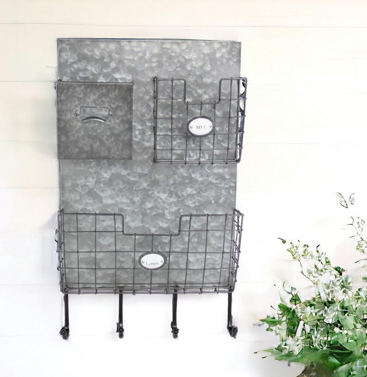 Gray Metal Organizer With 3 Storage Pockets And 4 Bottom Hooks