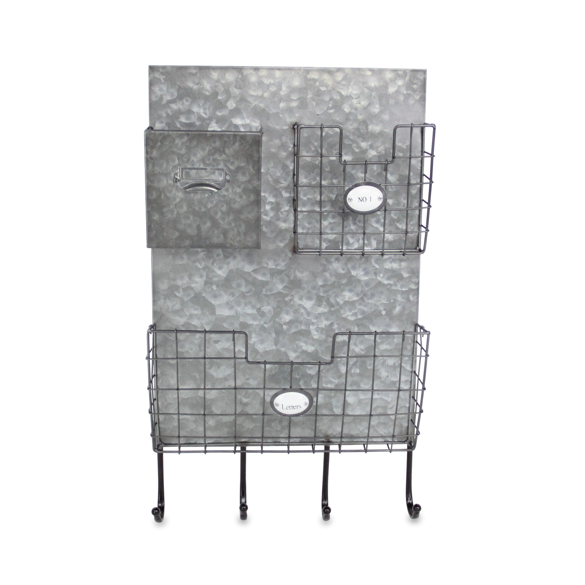 Gray Metal Organizer With 3 Storage Pockets And 4 Bottom Hooks