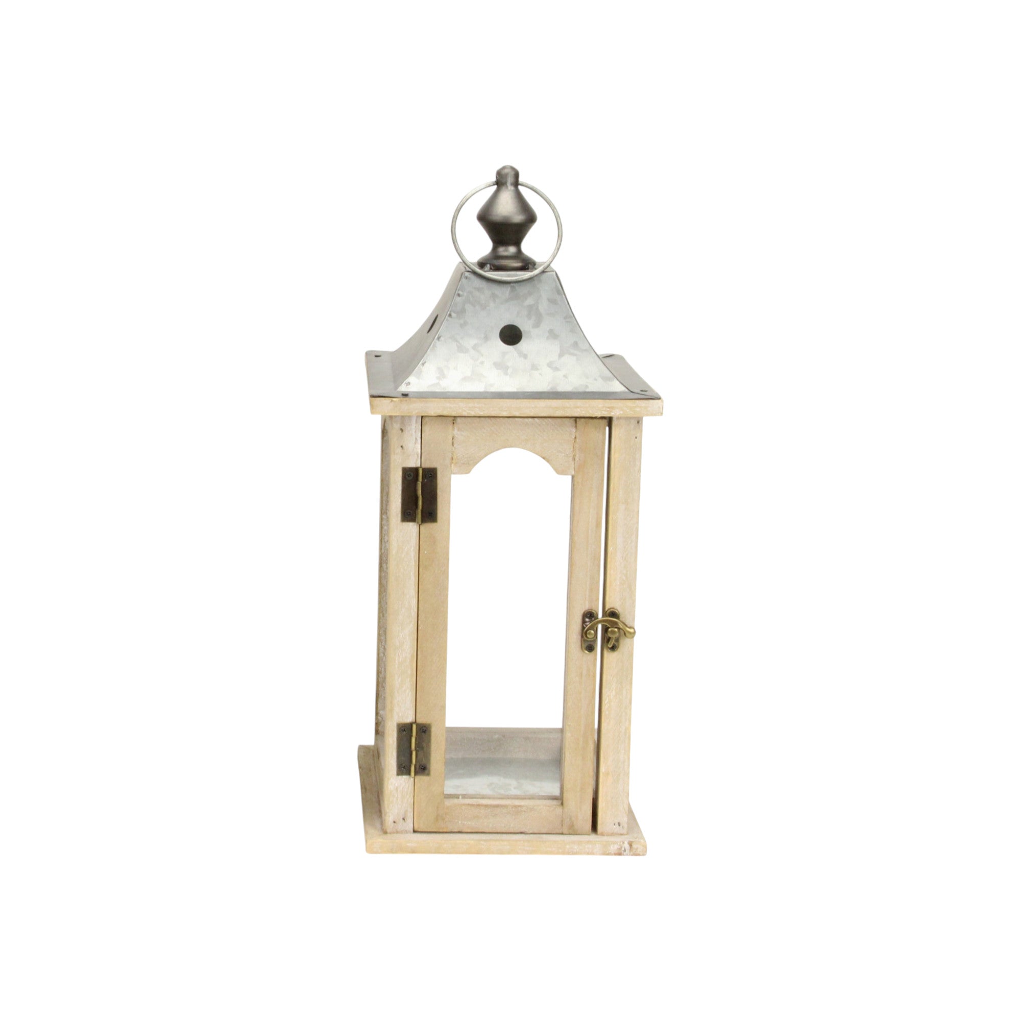 Set Of 2 Brown Wood Finished Frame Glass And Metal Top Lanterns