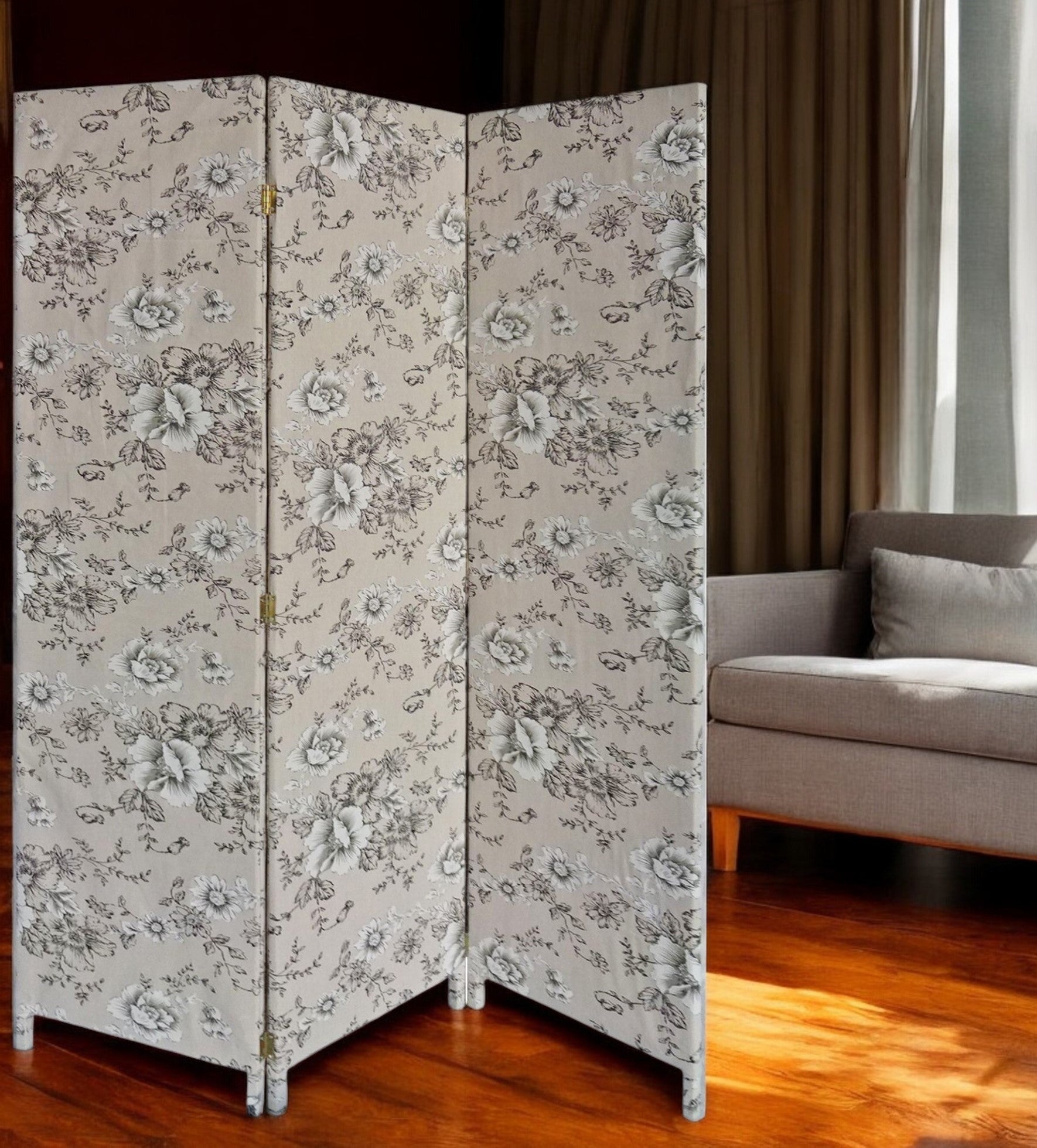 71" Beige and Black Fabric Folding Three Panel Screen Room Divider