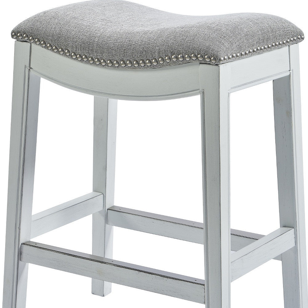 31" Light Gray And White Upholstered And Solid Wood Backless Bar Height Bar Chair