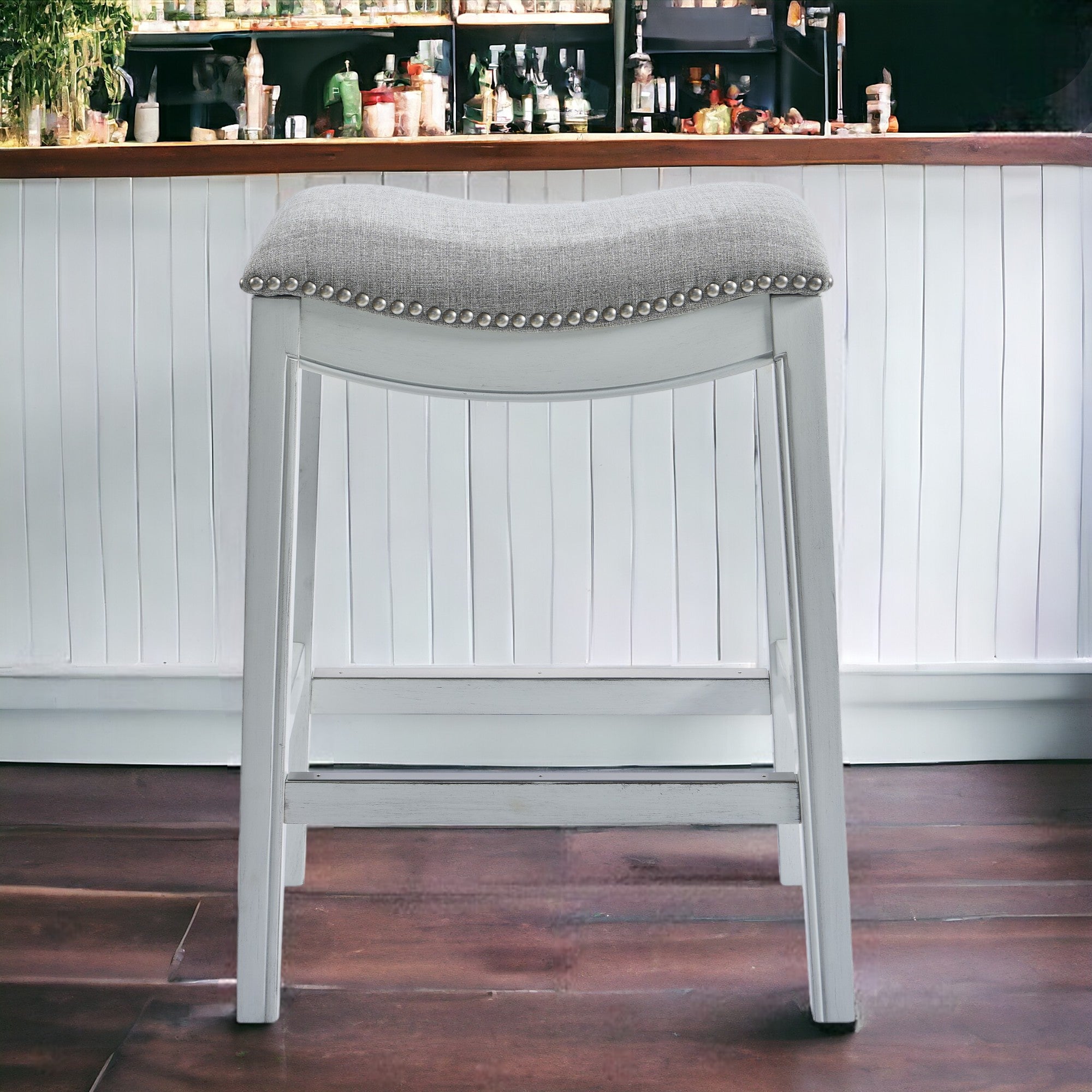 31" Light Gray And White Upholstered And Solid Wood Backless Bar Height Bar Chair