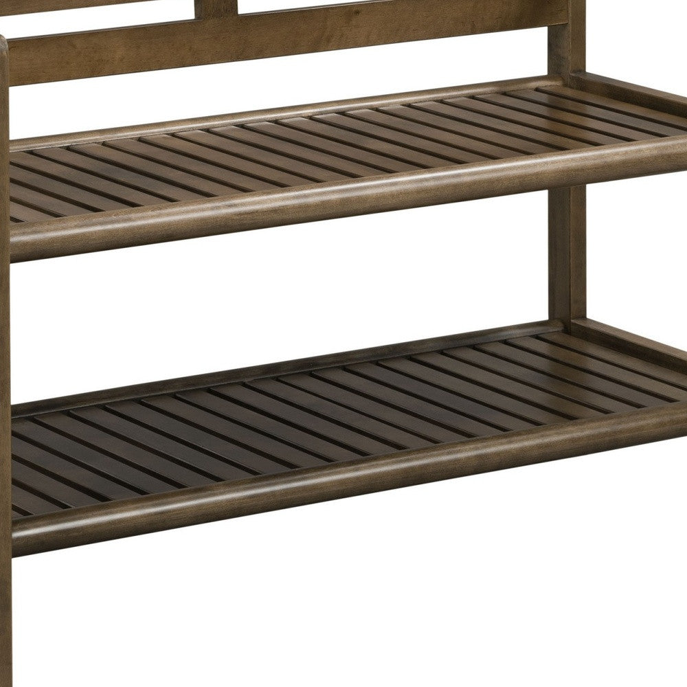 Chestnut Finish Solid Wood Slat Bench With High Back And Shelf