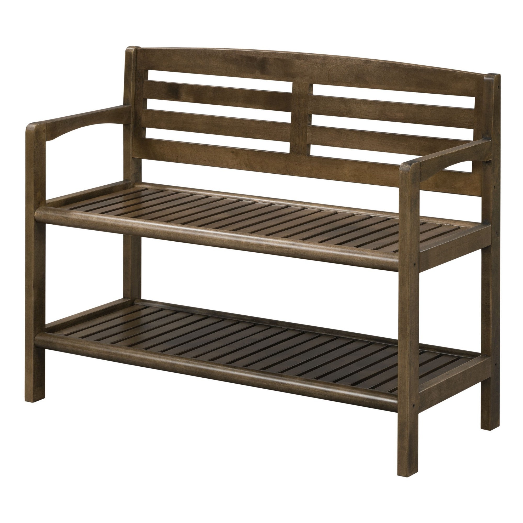 Chestnut Finish Solid Wood Slat Bench With High Back And Shelf