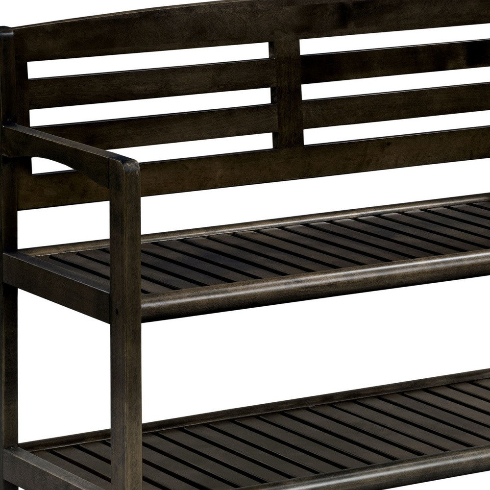 Espresso Finish Solid Wood Slat Bench With High Back And Shelf