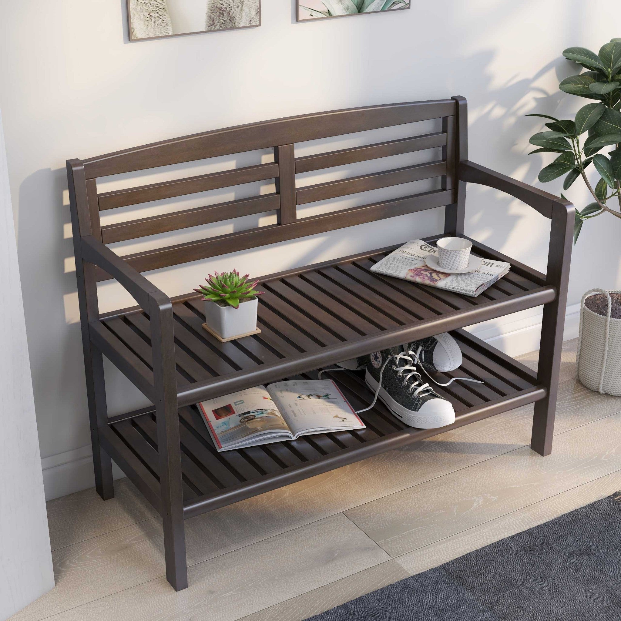 Espresso Finish Solid Wood Slat Bench With High Back And Shelf