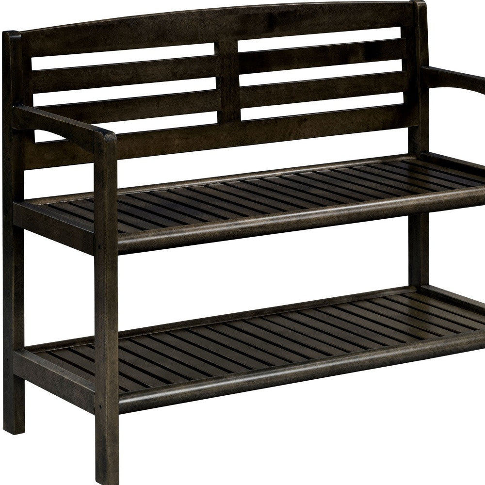 Espresso Finish Solid Wood Slat Bench With High Back And Shelf