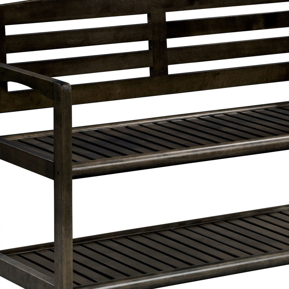 Espresso Finish Solid Wood Slat Bench With High Back And Shelf