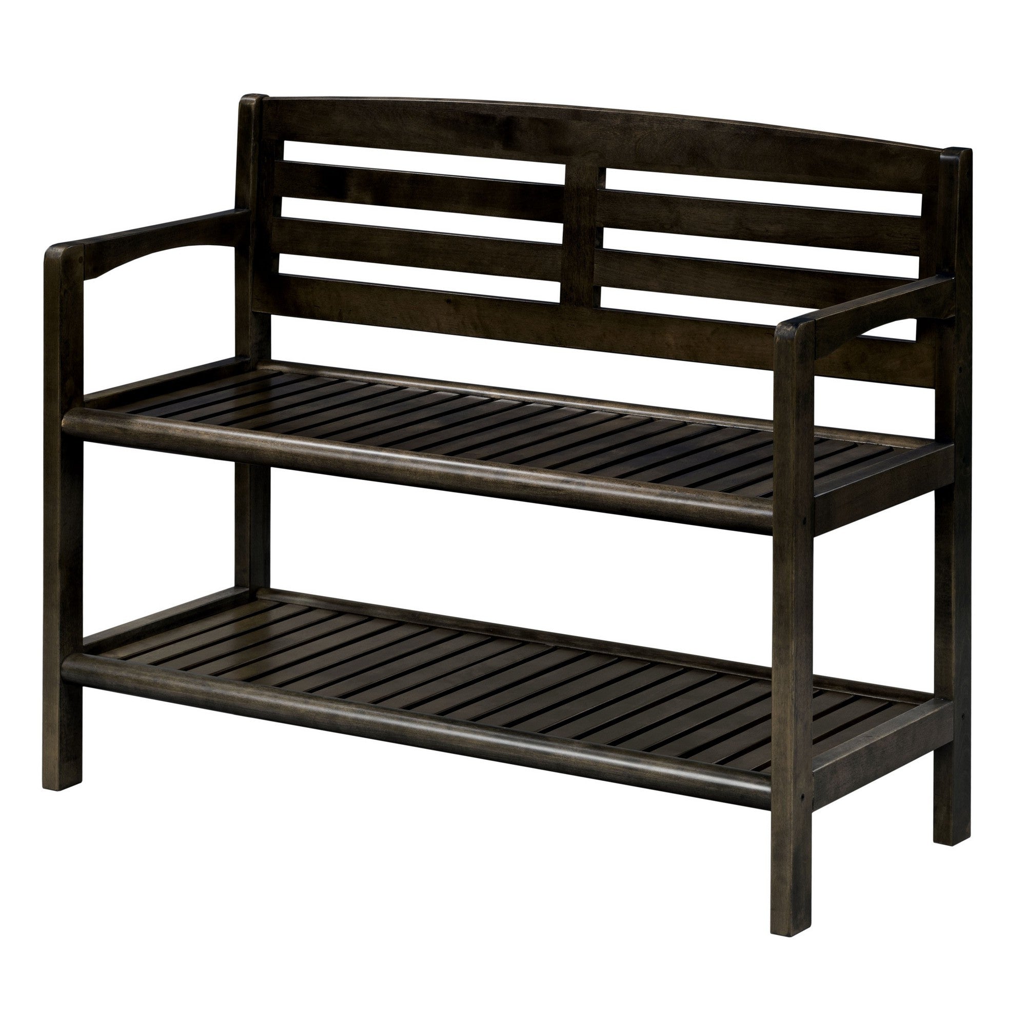 Espresso Finish Solid Wood Slat Bench With High Back And Shelf