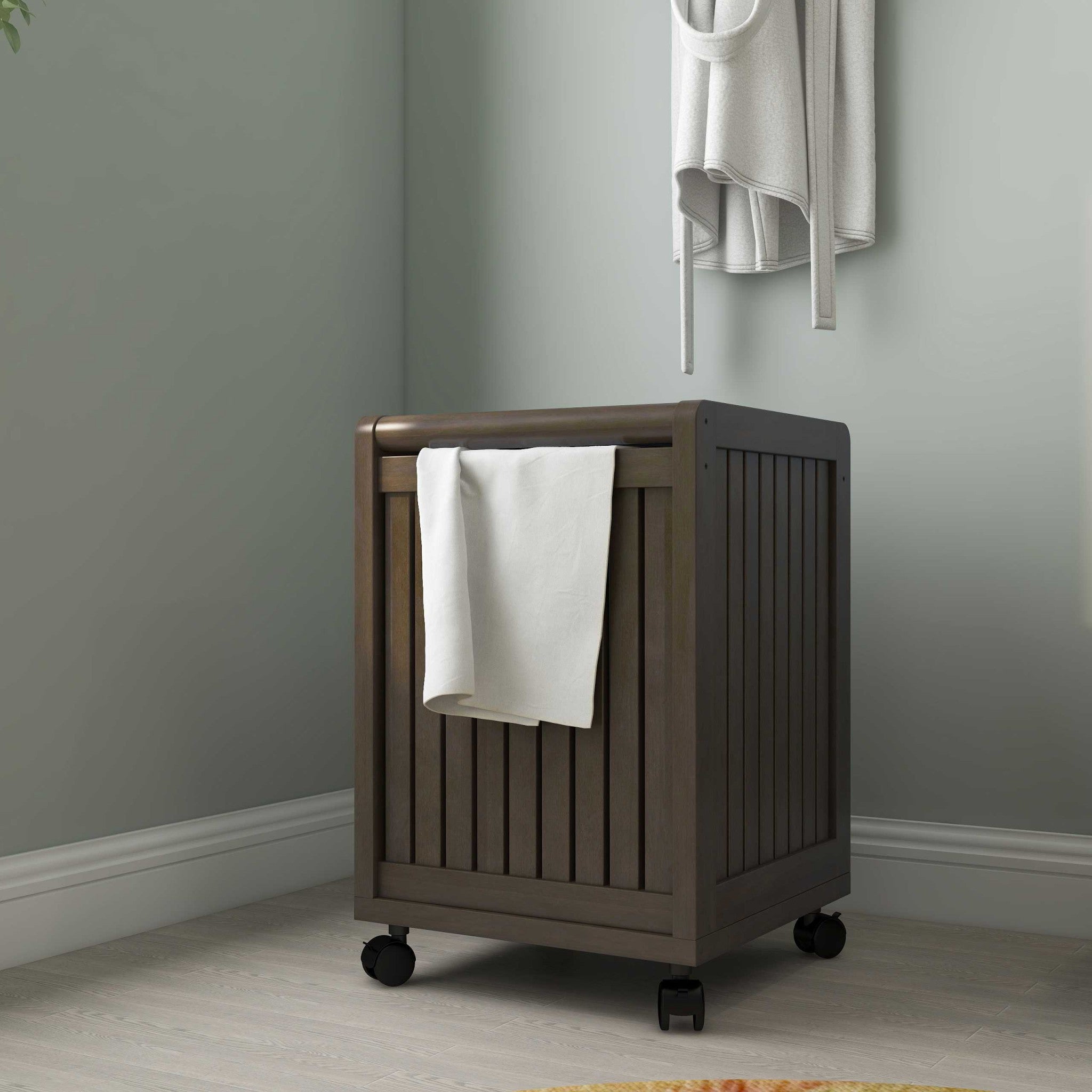 Espresso Solid Wood Rolling Laundry Hamper With Lid