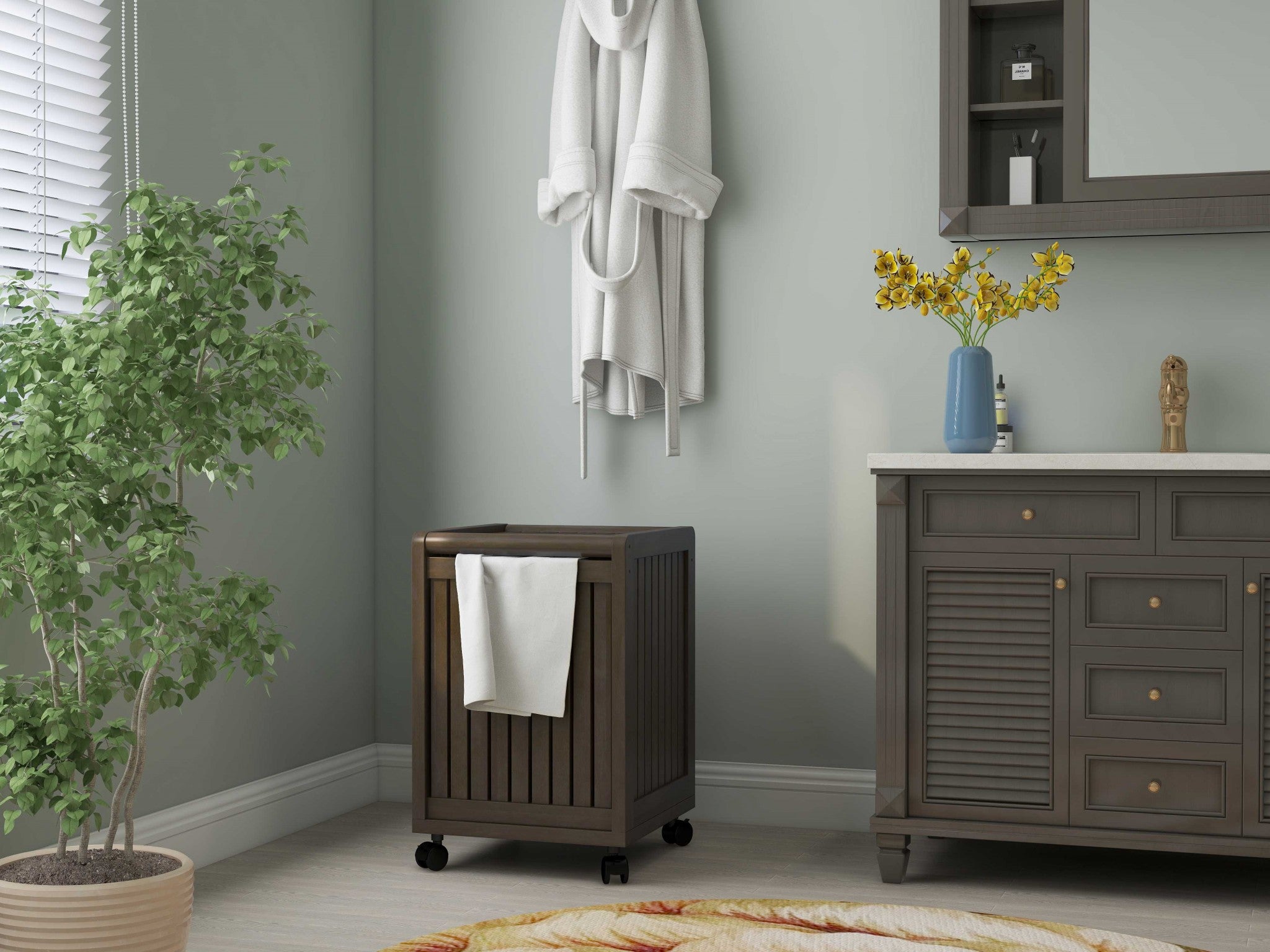 Espresso Solid Wood Rolling Laundry Hamper With Lid