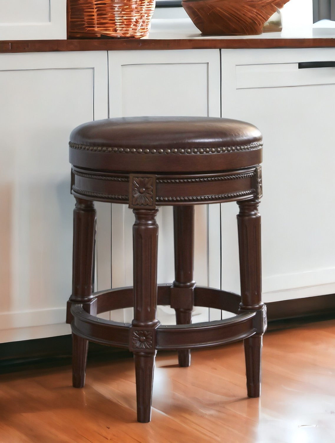 26" Dark Brown And Wood Brown Faux Leather Swivel Backless Counter Height Bar Chair