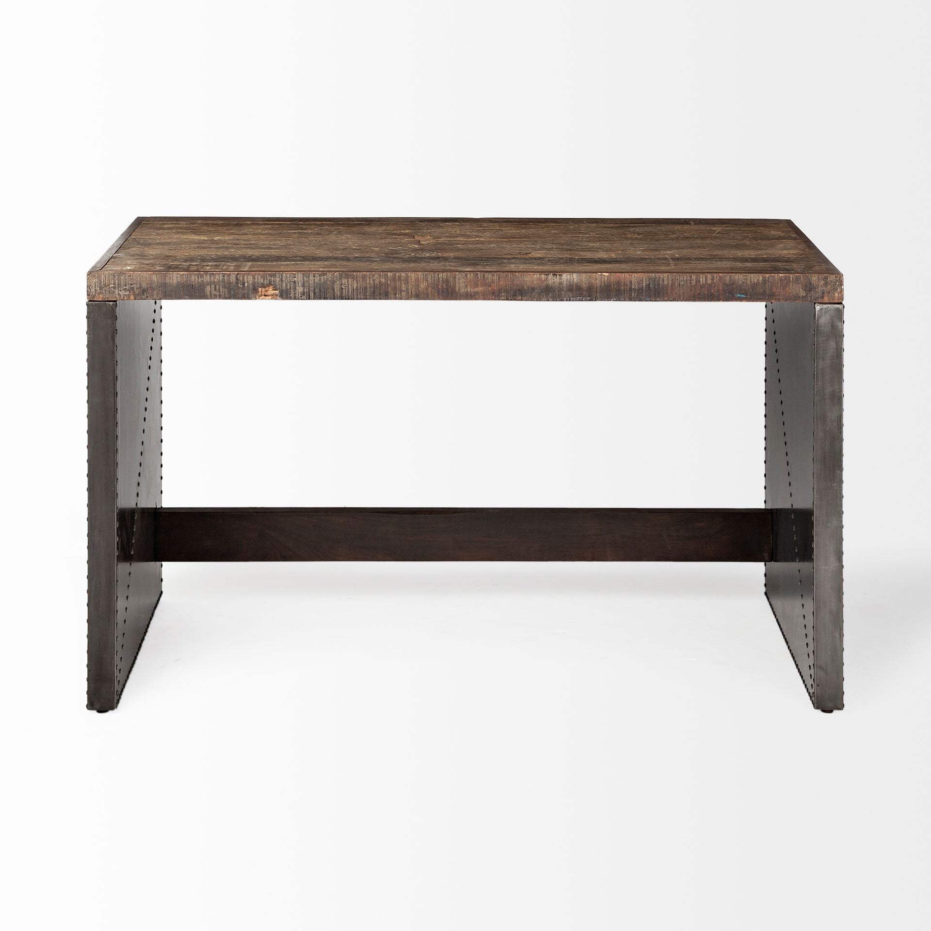 Dark Brown Solid Reclaimed Wood Office Desk With Metal Cladded Frame