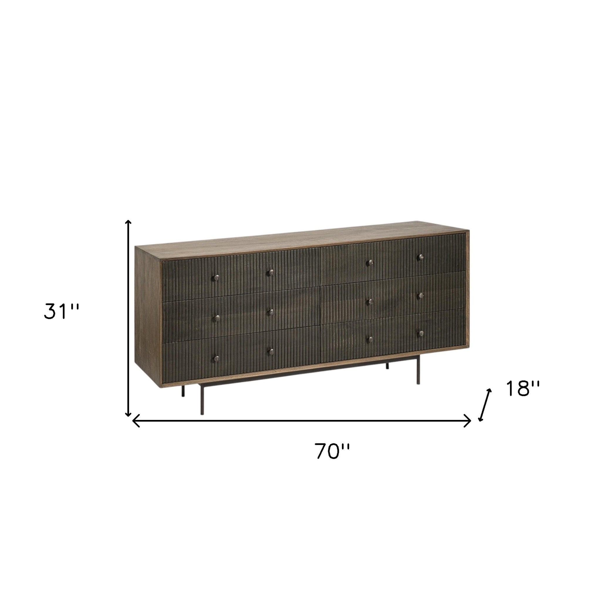 70" Brown and Black Solid Wood Six Drawer Sideboard