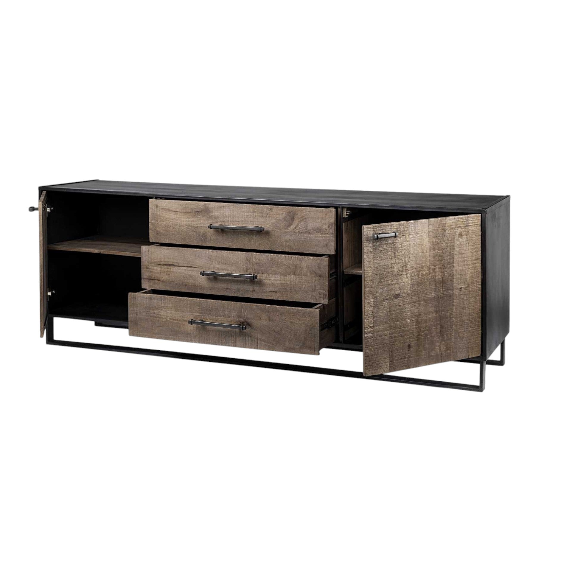 82" Brown and Black Solid Wood Three Drawer Credenza