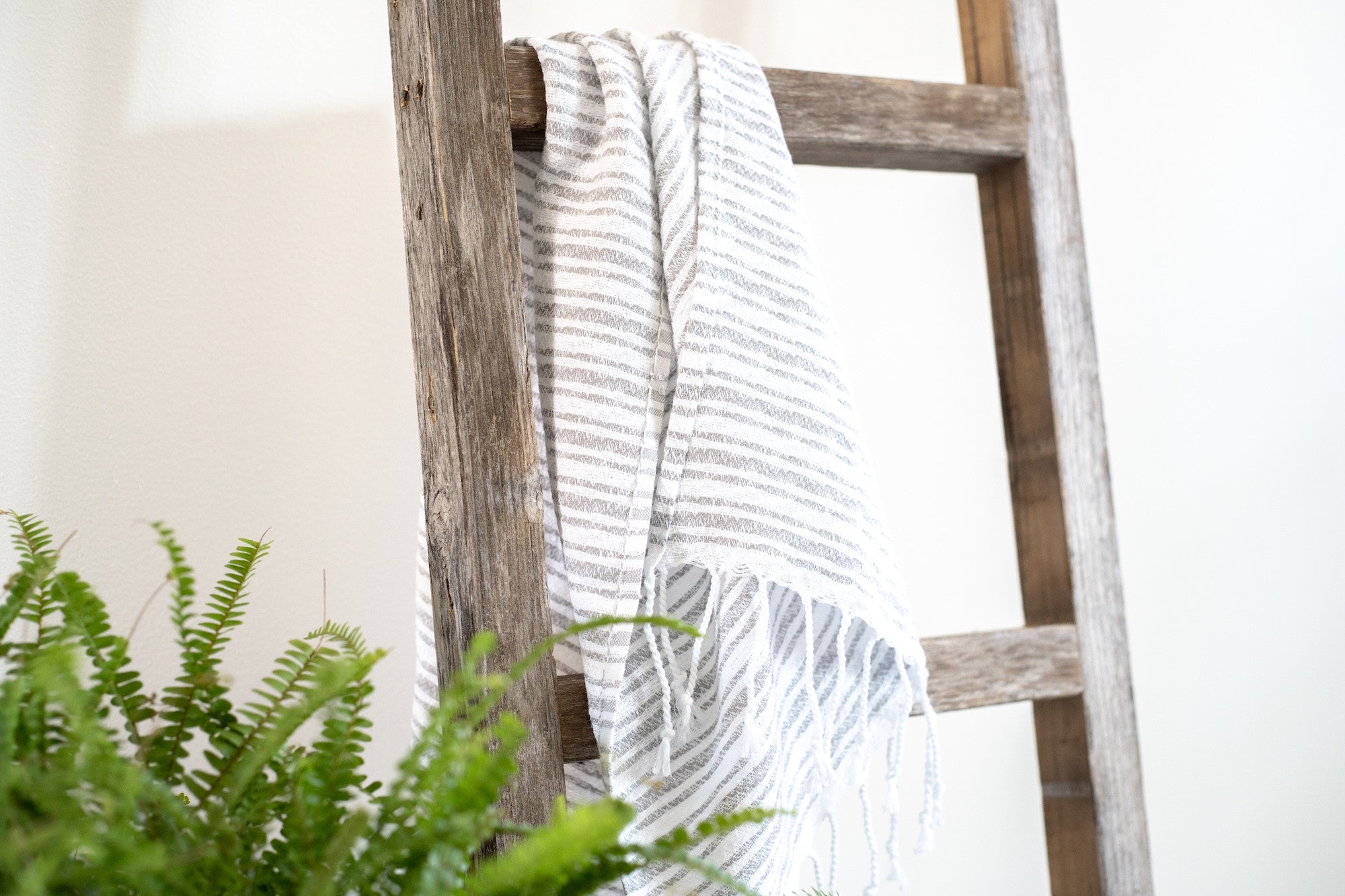 Six Step Rustic Weathered Grey Wood Ladder Shelf