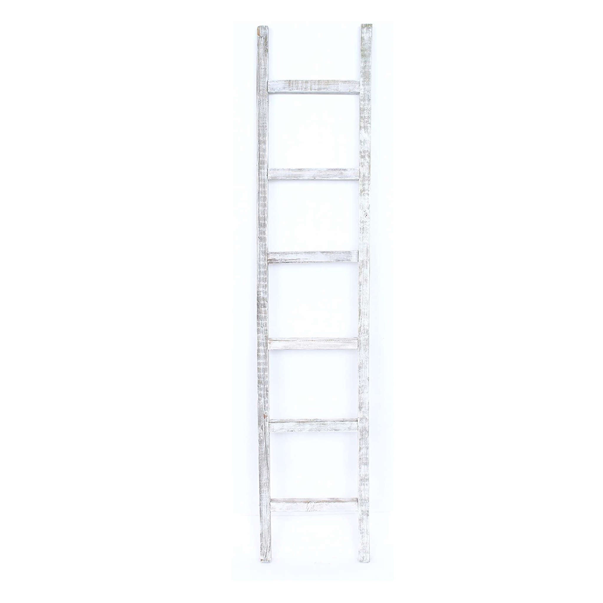 6 Step Rustic White Wash Wood Ladder Shelf