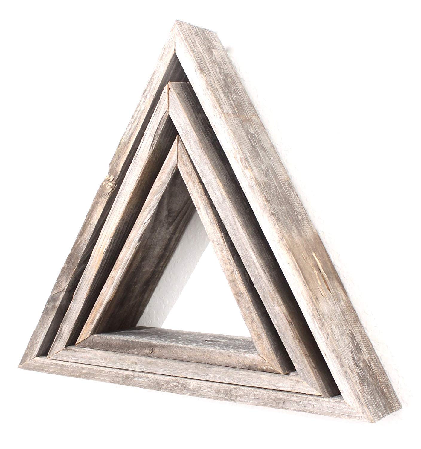 Set Of 3 Triangle Rustic Natural Weathered Grey Wood Open Box Shelve