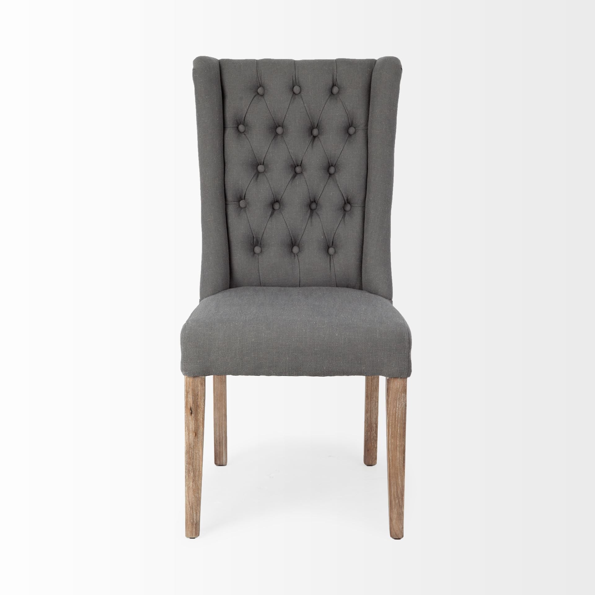 Tufted Gray And Brown Upholstered Linen Wing Back Dining Side Chair