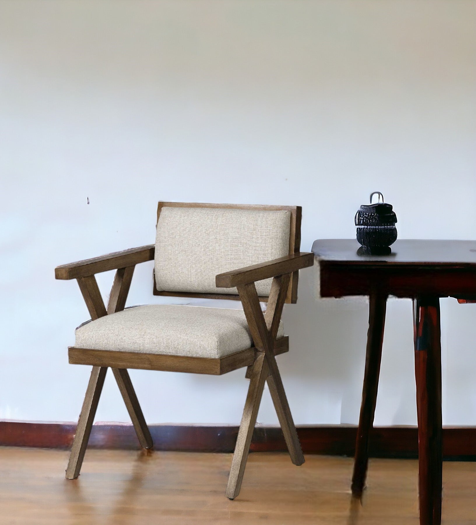 Cream And Brown Upholstered Fabric Open Back Dining Arm Chair