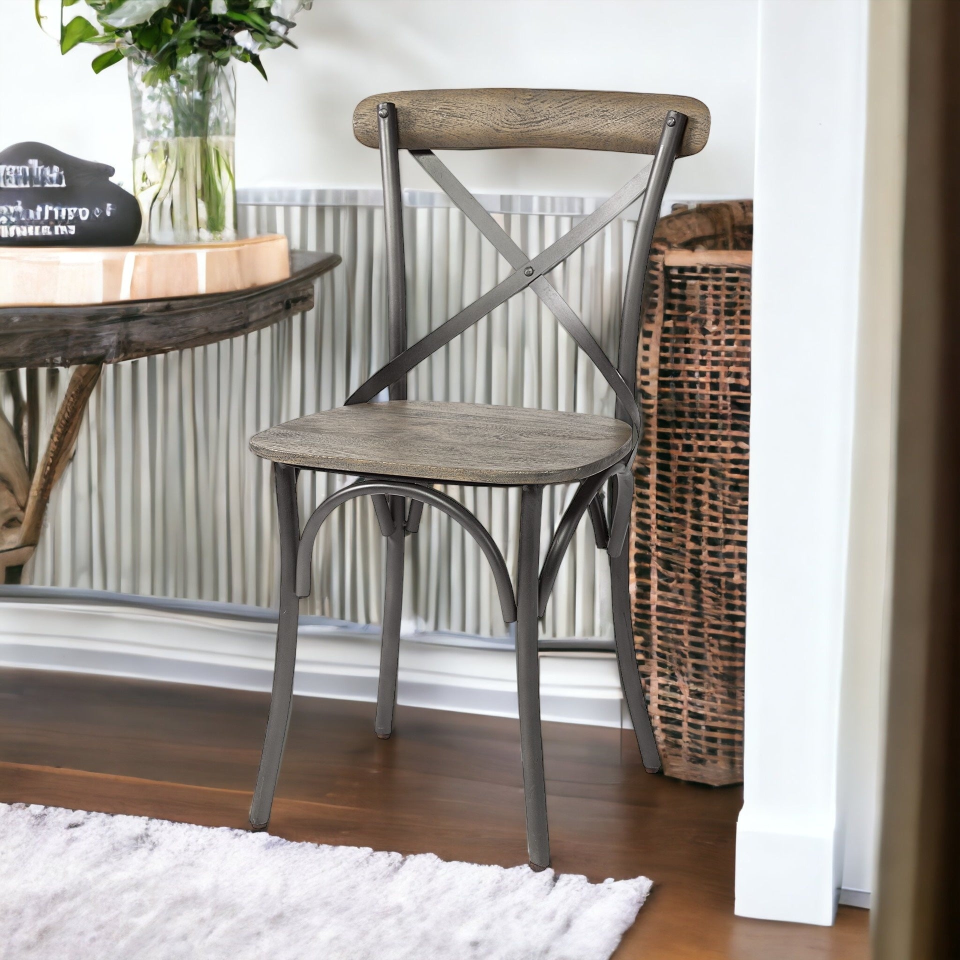 Set Of Two Brown And Gray Wood Cross Back Side Chairs